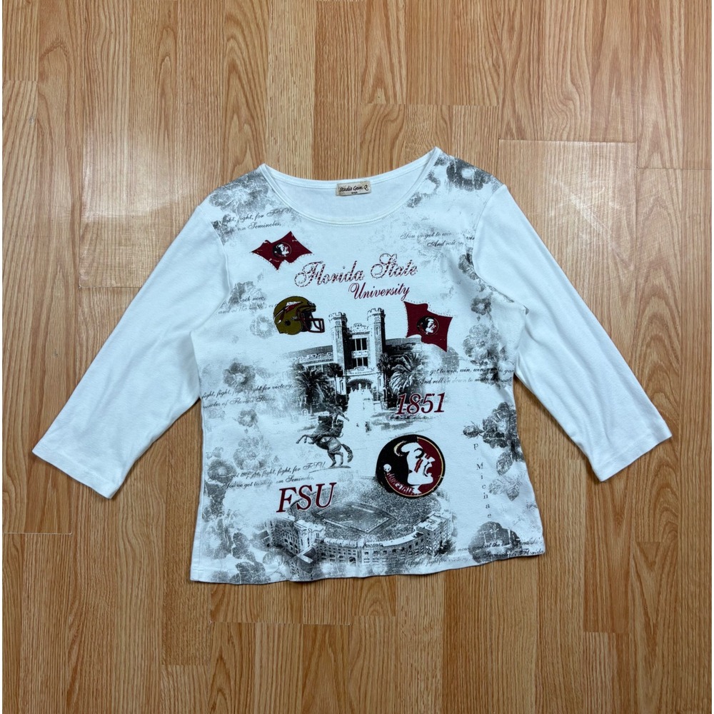 Studio Gem Q Florida State University FSU Graphic Rhinestone Top White Large